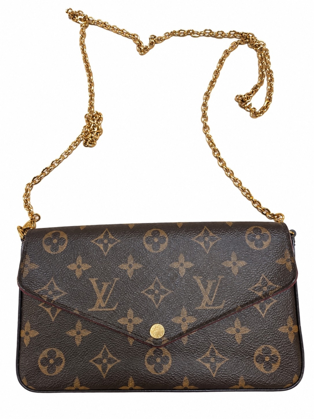 Louis Vuitton Monogram Canvas Envelope Crossbody in Brown with Gold Chain